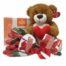 Imagen oso san valentin marron oscuro + bombon + ramo