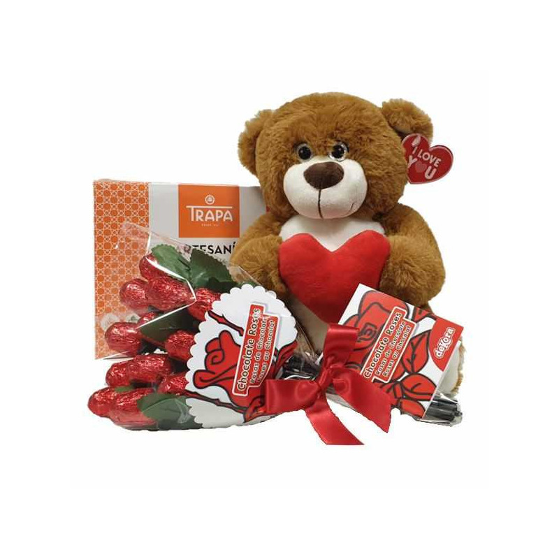 Imagen oso san valentin marron oscuro + bombon + ramo