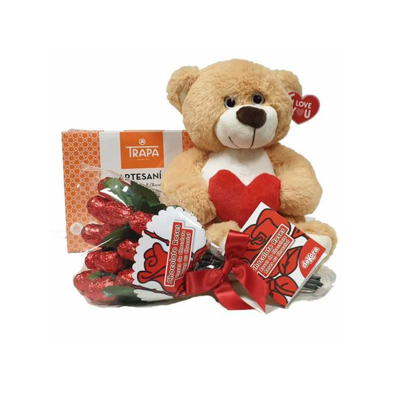 Imagen oso san valentin marron claro + bombon + ramo
