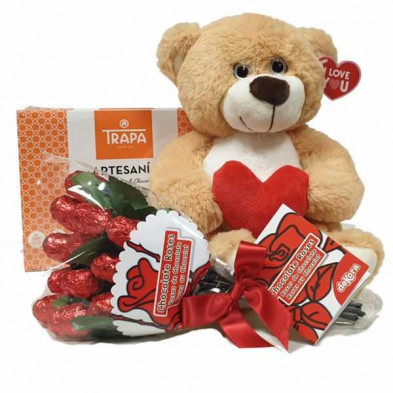 Imagen oso san valentin marron claro + bombon + ramo Imagen oso san valentin marron claro + bombon + ramo