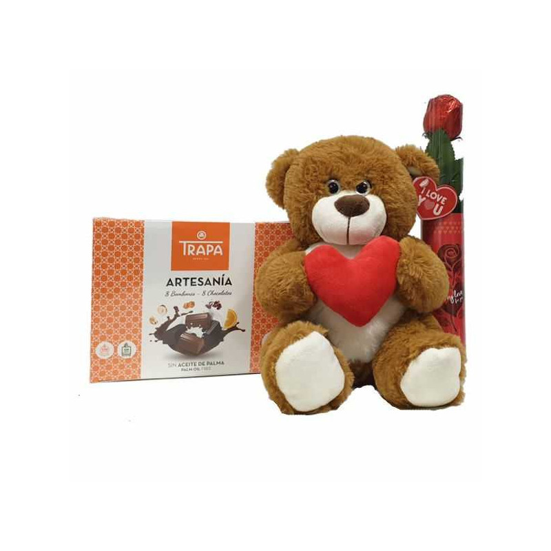 Imagen oso san valentin marron oscuro + bombon + rosa