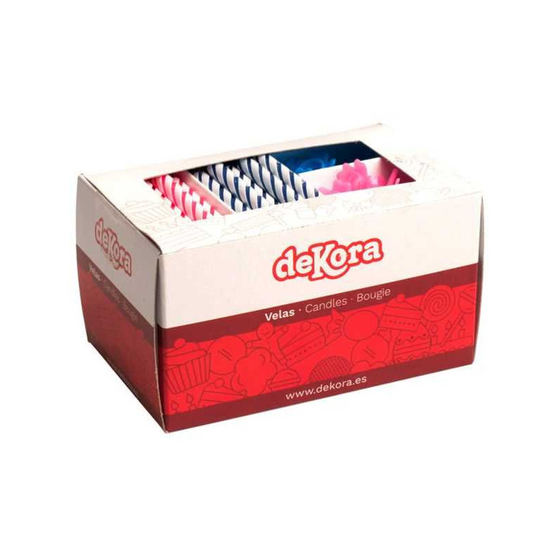 Imagen caja 100 velas rosas y azules con soporte 6 cm