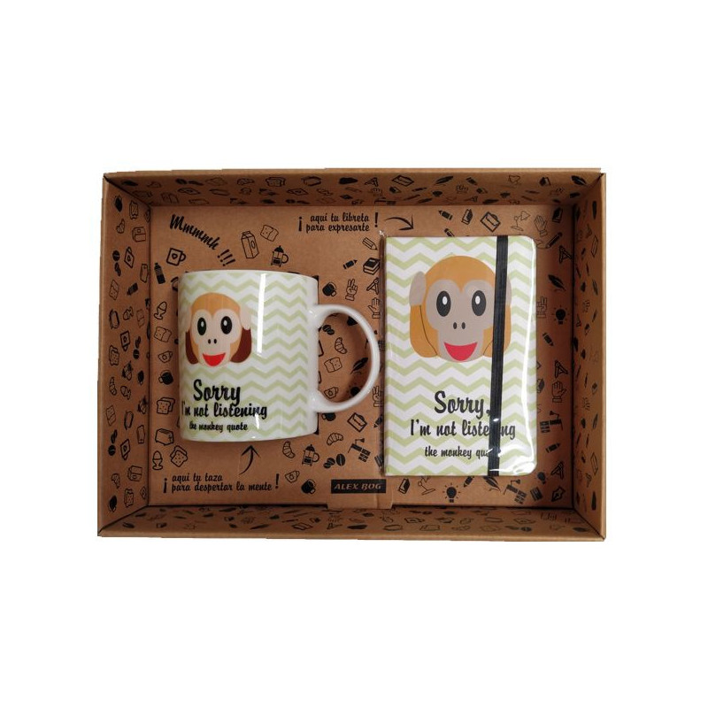 Imagen set libreta y taza emoji mono no escucha