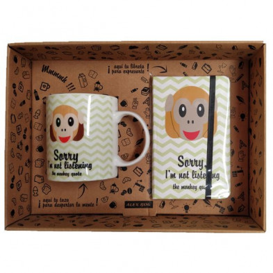 Imagen set libreta y taza emoji mono no escucha