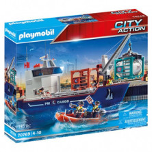 Imagen gran portacontenedor con barco aduanero playmobil