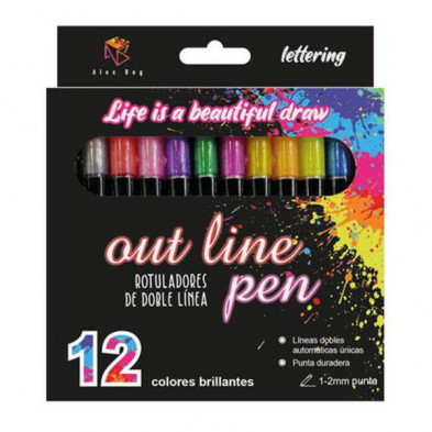 Imagen set 12 rotuladores outliner bicolor neon pastel