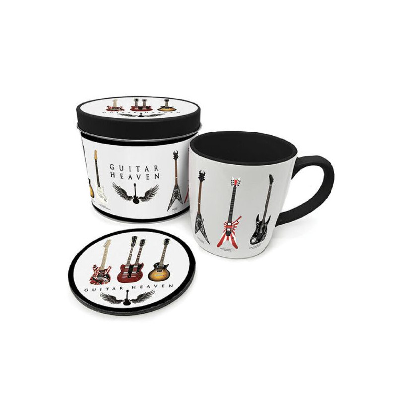 Imagen lata regalo con taza y posavasos guitarras