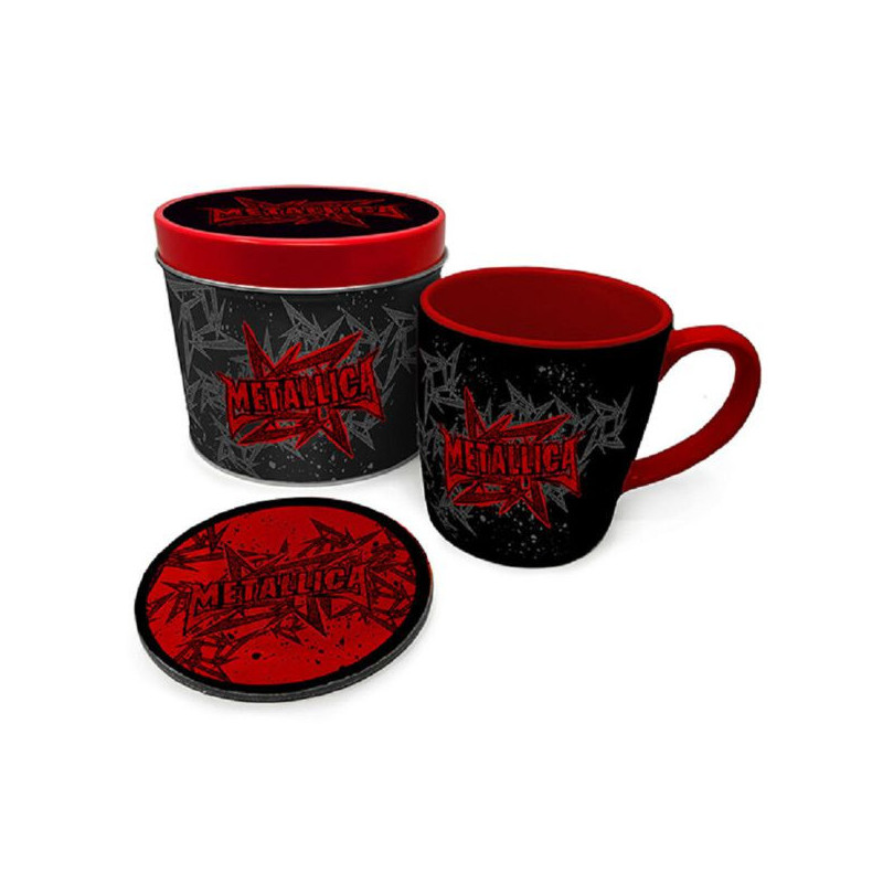 Imagen lata regalo con taza y posavasos metalica