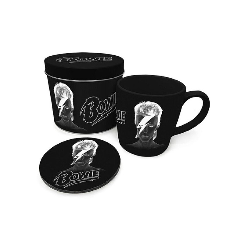 Imagen lata regalo con taza y posavasos david bowie x-ray