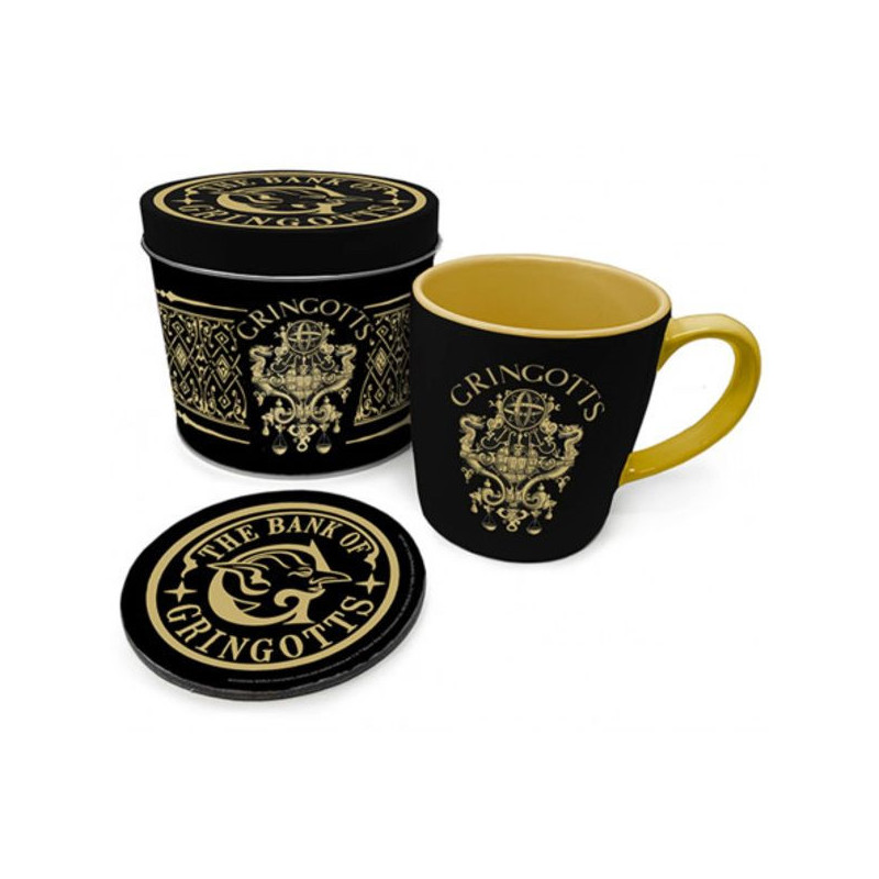 Imagen lata con taza y posavasos harry potter gringotts