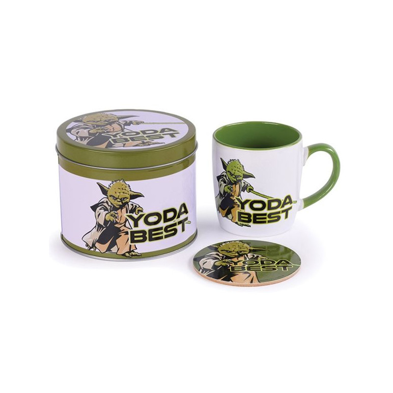 Imagen lata regalo con taza y posavasos star wars yoda