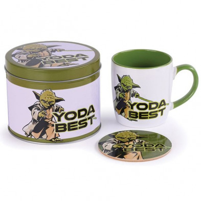 Imagen lata regalo con taza y posavasos star wars yoda