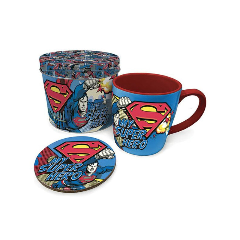 Imagen lata regalo con taza y posavasos superman