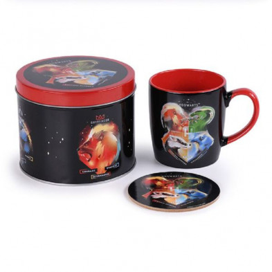 Imagen lata regalo taza + posavasos harry potter escudos