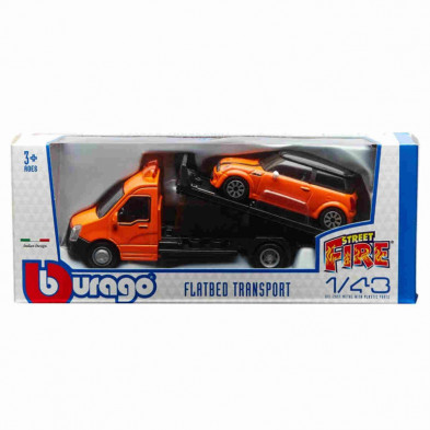 imagen 1 de grúa y coche mini cooper naranja 1/43 bburago