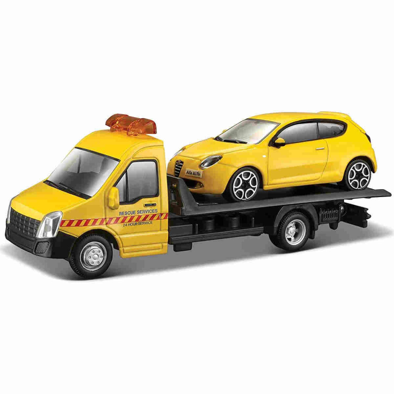 Imagen grúa y coche alfa romeo mito amarillo 1/43 bburago