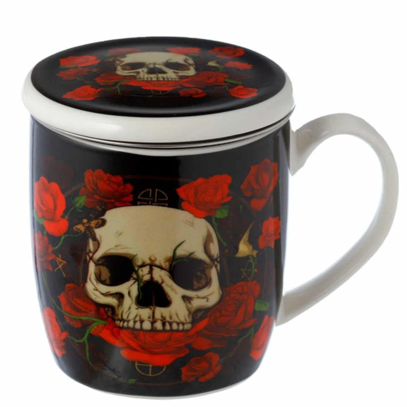 Imagen taza de porcelana calaveras y rosas