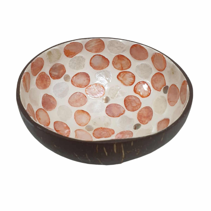 Imagen cuenco de cáscara de coco lunares blancos naranja Imagen cuenco de cáscara de coco lunares blancos naranja