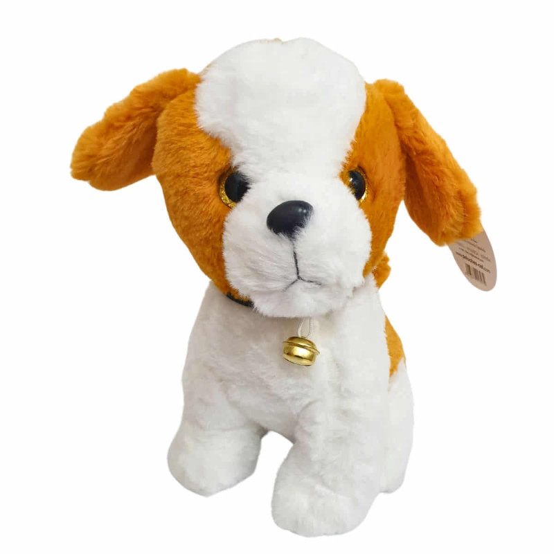 Imagen perro de peluche 25cm con cascabel marrón/blanco Imagen perro de peluche 25cm con cascabel marrón/blanco