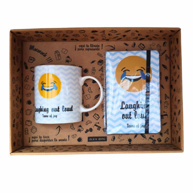 Imagen conjunto libreta y mug emoticon - tears of joy