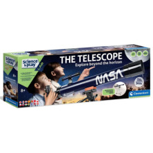 Caja frontal telescopio NASA Clementoni con logo y niños mirando al cielo