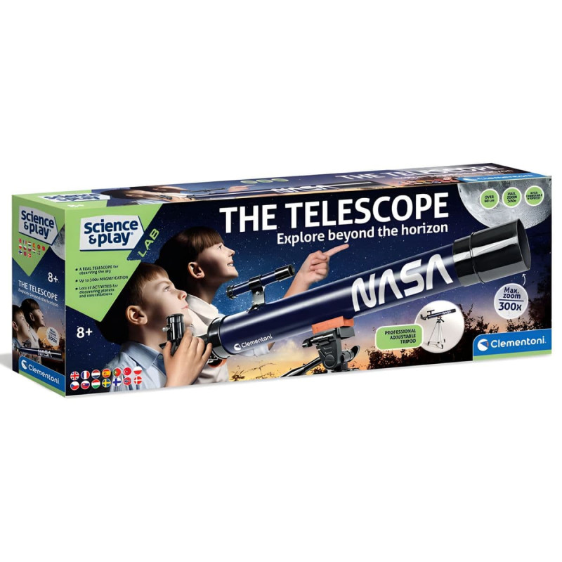Caja frontal telescopio NASA Clementoni con logo y niños mirando al cielo