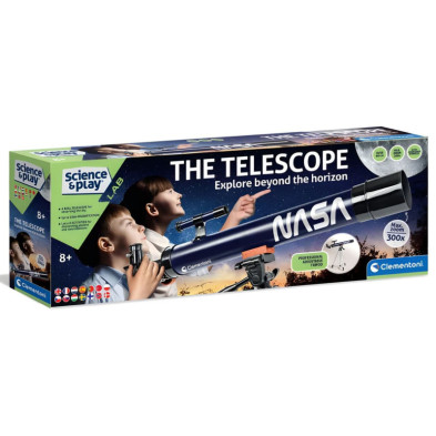 Caja frontal telescopio NASA Clementoni con logo y niños mirando al cielo
