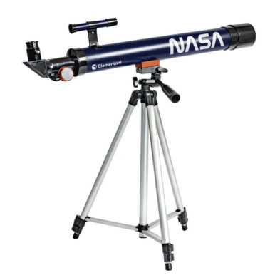 Vista lateral telescopio NASA Clementoni con trípode y piezas plásticas