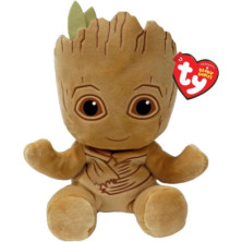 Imagen frontal del peluche Groot de 15 cm de la colección Beanie Babies de Ty con etiqueta roja Original Beanie Babies