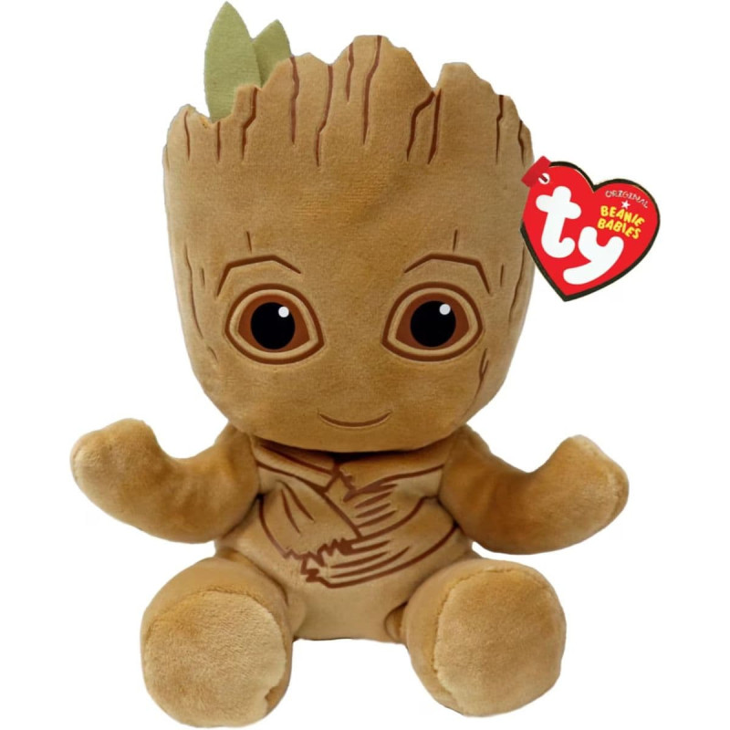 Imagen frontal del peluche Groot de 15 cm de la colección Beanie Babies de Ty con etiqueta roja Original Beanie Babies