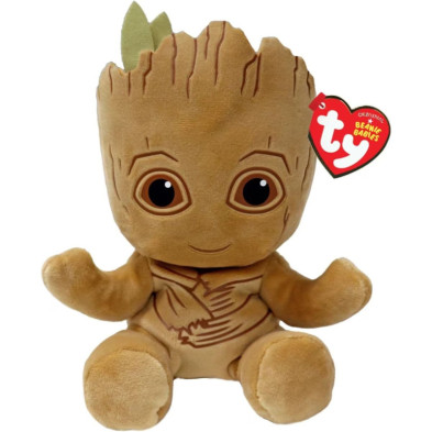 Imagen frontal del peluche Groot de 15 cm de la colección Beanie Babies de Ty con etiqueta roja Original Beanie Babies