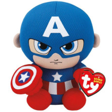 Imagen frontal del peluche Beanie Babies Captain America Ty 15 cm mostrando el personaje sentado con escudo y etiqueta c