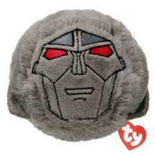 detalle del peluche redondo Megatron Transformers Ty con cara bordada y etiqueta roja ty