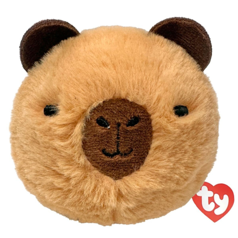 primer plano de la cabeza de un peluche capibara marrón con etiqueta ty en forma de corazón rojo