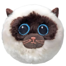 detalle del peluche redondo Gato Samy de Ty con ojos bordados y colores blanco y marrón oscuro