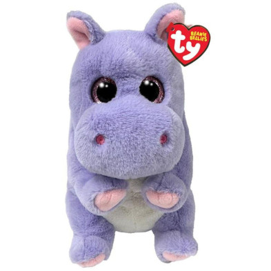 Imagen frontal del peluche hipopótamo morado Beanie Bellies de TY con ojos grandes brillantes y etiqueta corazón