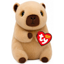 Imagen frontal del peluche capibara beige con detalles marrón oscuro con etiqueta ty Beanie Balls