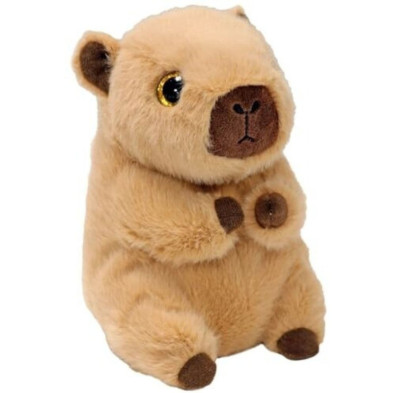 Imagen lateral del peluche capibara beige con detalles marrón oscuro sin etiqueta visible