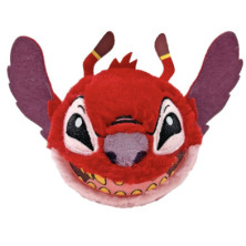 Peluche redondo de Stitch en color rojo con orejas moradas y detalles bordados en ojos nariz y boca