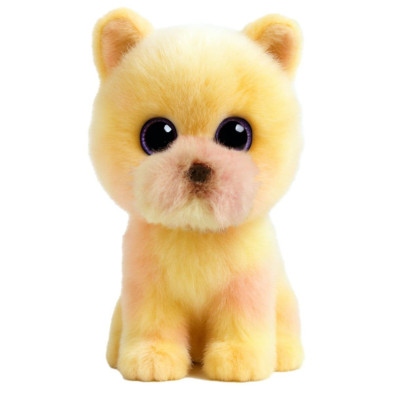 Peluche cachorro Pomeranian amarillo con ojos grandes y detalles en rosa claro