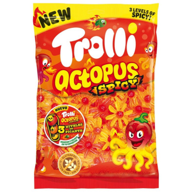 Saco frontal de Trolli Octopus Spicy com texto visível e design em tons quentes