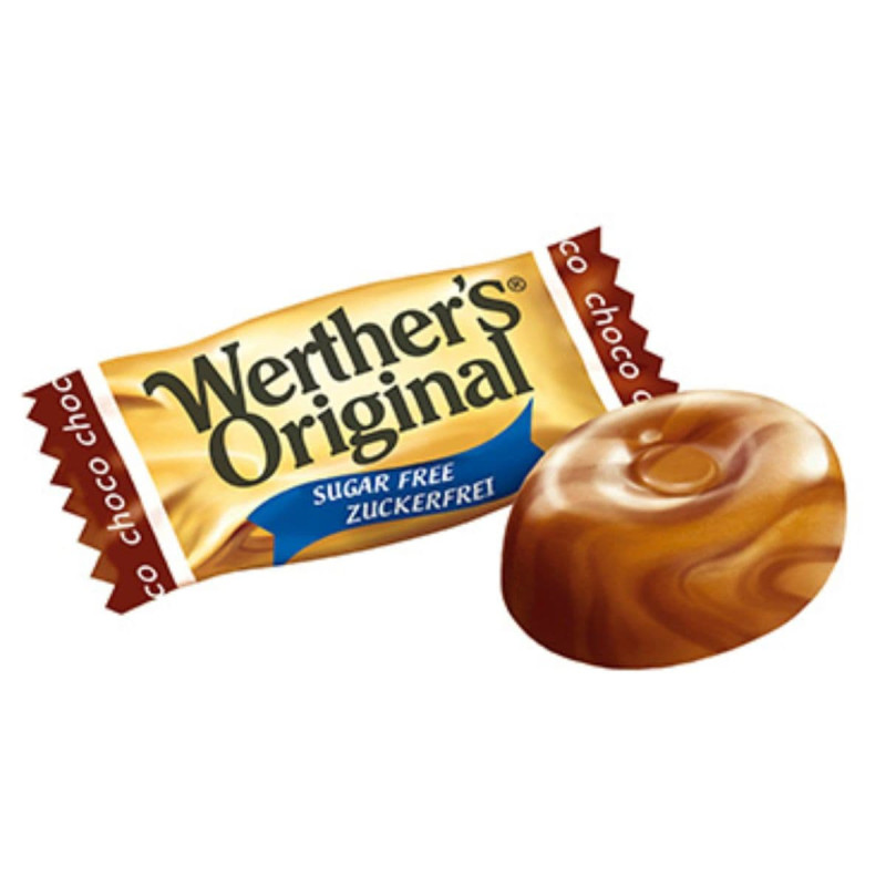 Saco de caramelos Werther's Original sem açúcar com sabor a chocolate junto a um caramelo individual