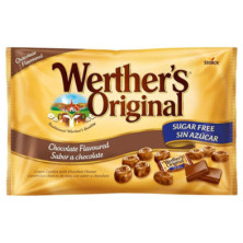 Frente do saco de caramelos Werther's Original sem açúcar com sabor a chocolate