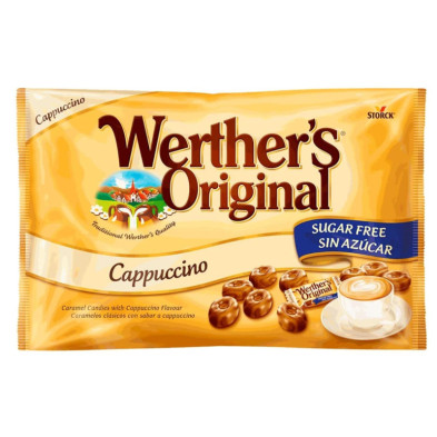 Embalagem frontal de caramelos Werther's Original Cappuccino sem açúcar