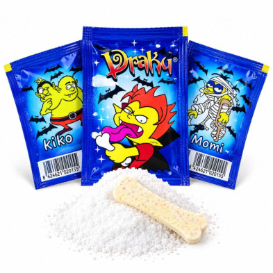 Bolsa de golosinas DRAKUS con 150 unidades y diseño azul con personajes caricaturescos