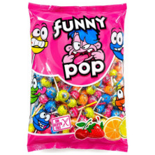 Saco de rebuçados com pau FUNKY POP com indicação sem glúten e variedade de sabores frutados