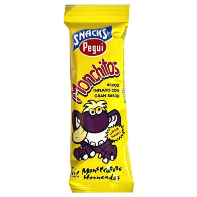 Saco amarelo de Monchitos da Pegui com texto frontal visível e desenho de monstro