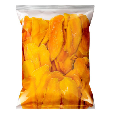Bolsa transparente con tiras de mango deshidratado en su interior