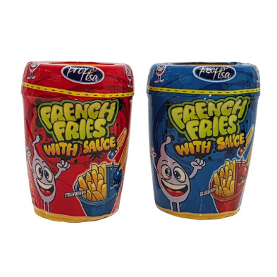 Caja de dulce French Fries with Sauce con 20 unidades y envases tipo vaso en colores rojo y azul