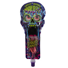 Envase individual de CRAZY GUMMY + LIQUID CANDY con diseño de calavera y boquilla inferior